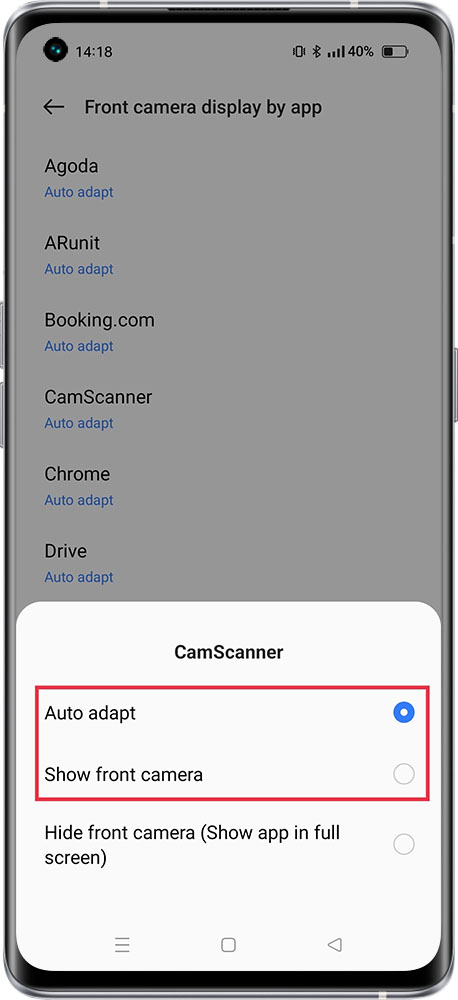 front camera display by app 