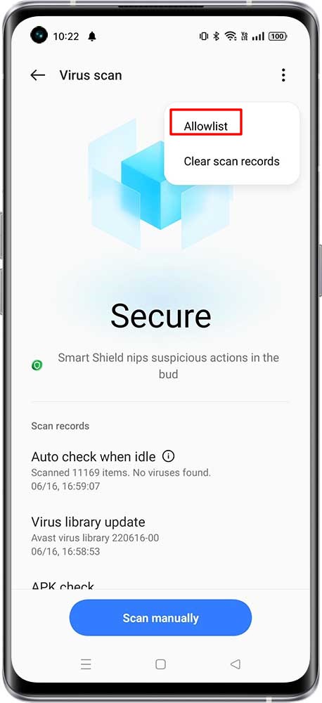 How to add apps to allowlist in Virus scan of Phone Manager?