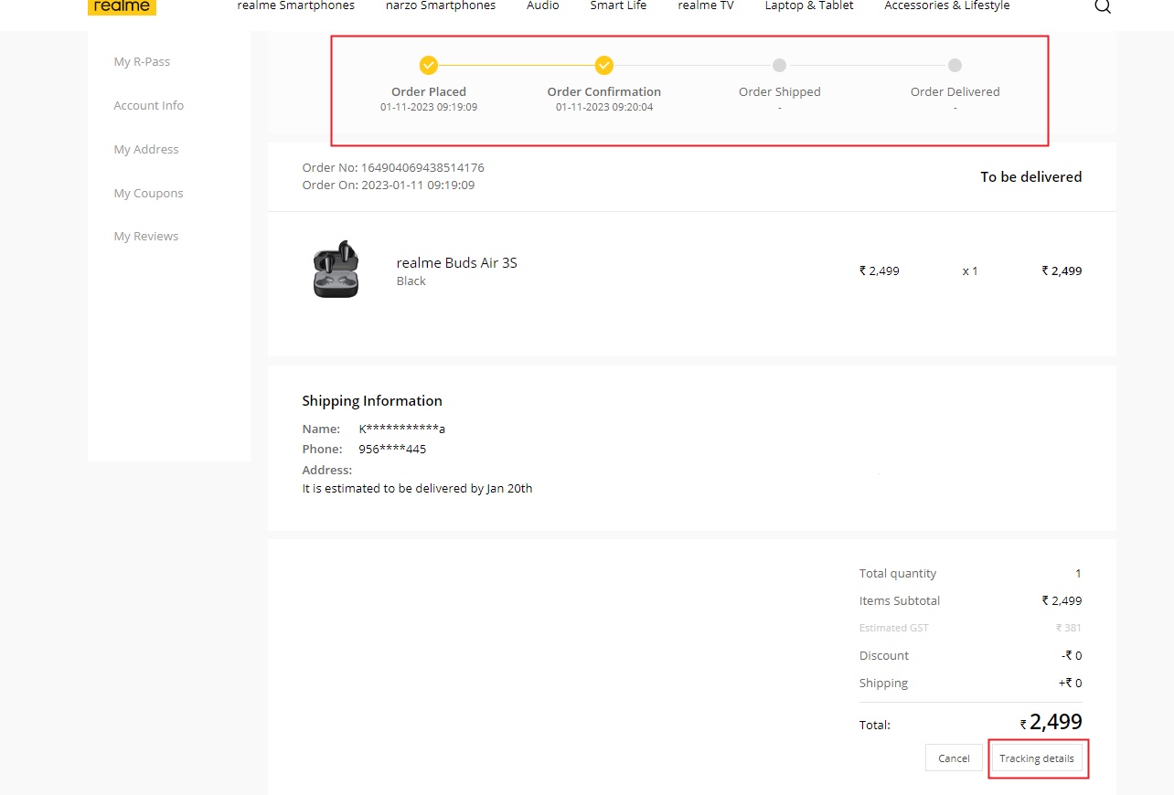 realme order tracking details 