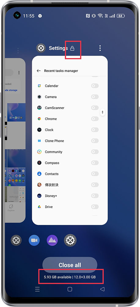 how to display RAM for recent tasks 