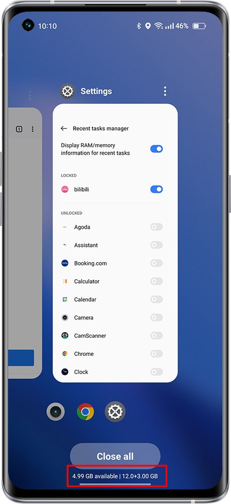 display the RAM / Memory of the phone