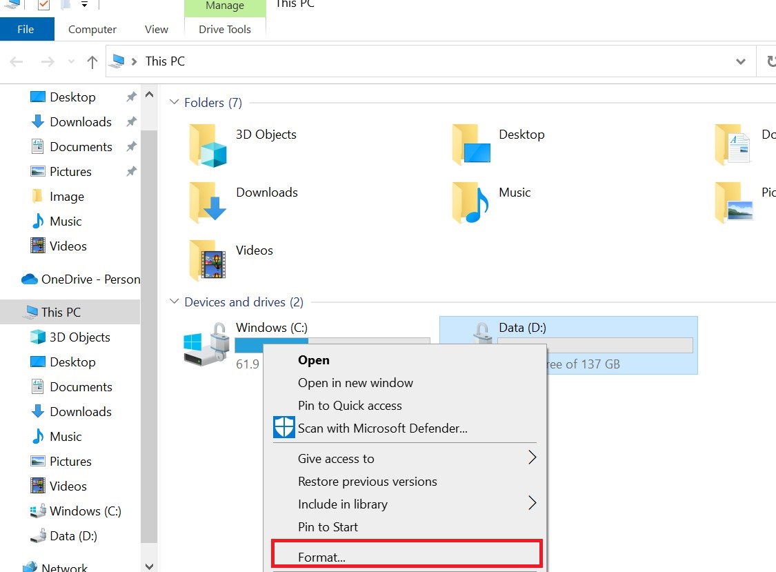 Windows drive format 