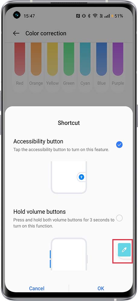 Accessibility button- Press and hold the volume keys