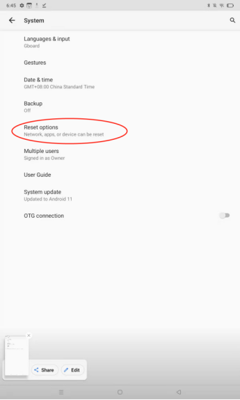 realme pad- reset options 