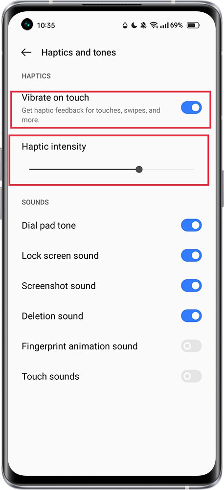 set haptics intensity 