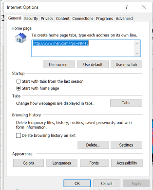 change IE browser home page 