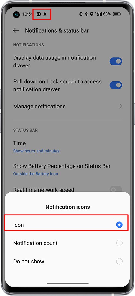 enable the notification icon in status bar 