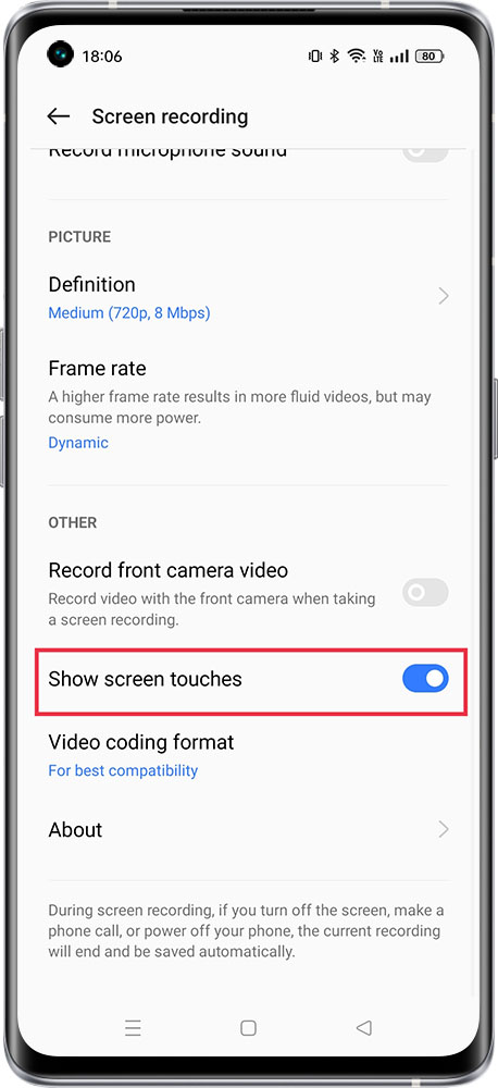 How to show screen touches during screen recording?