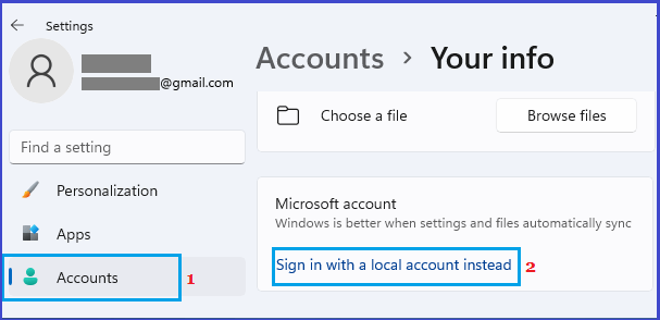 Switch Microsoft account to local account in Windows 11 