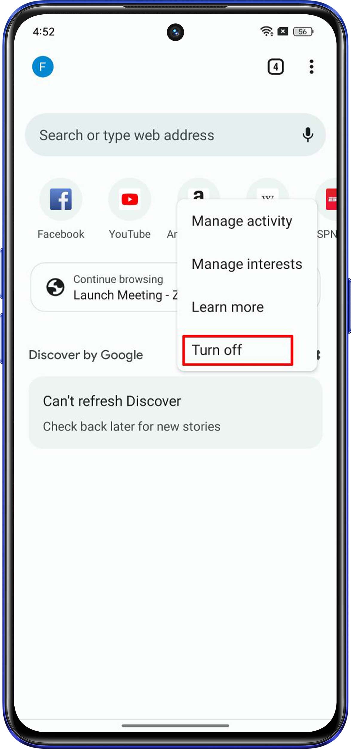 how to turn off Google discover page