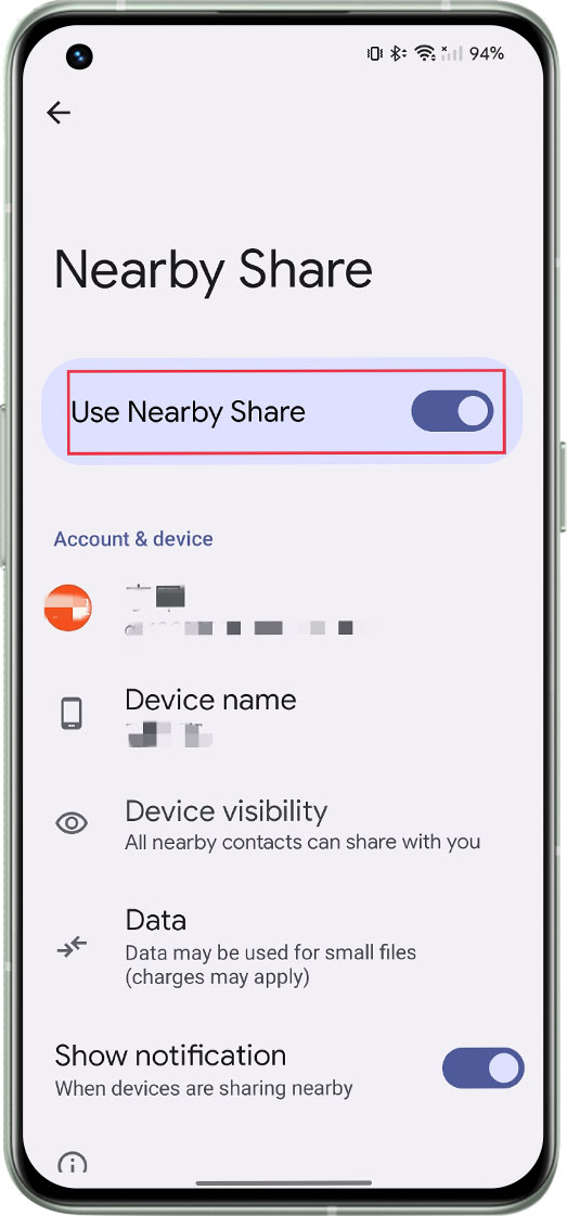 turn on or off nearby share 
