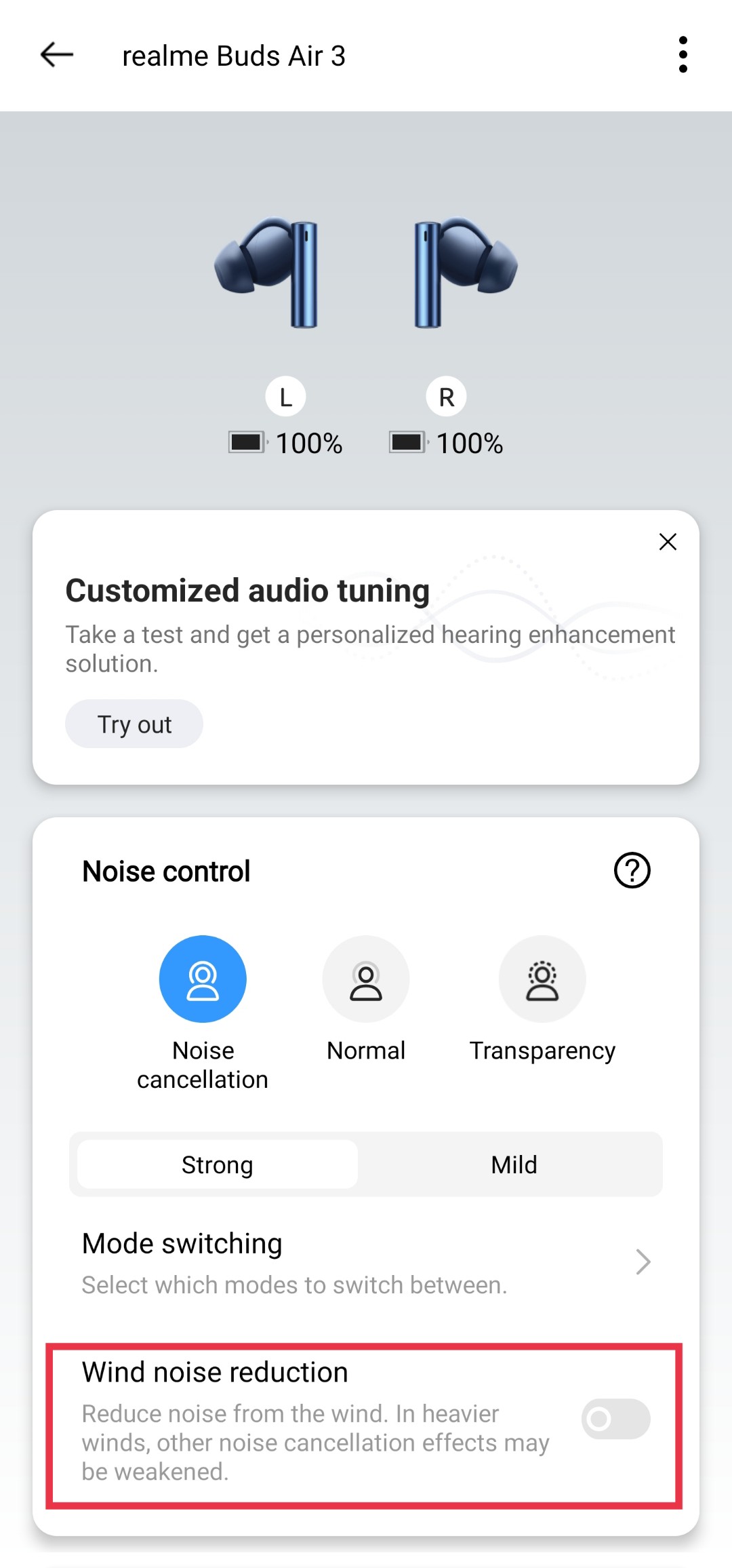 turn on wind noise reduction on realme buds Air 3 
