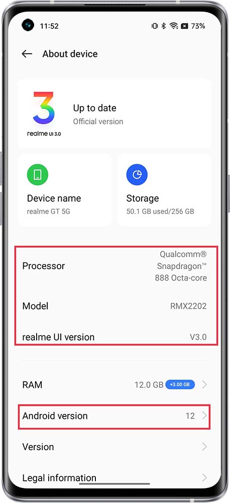 phone model, processor and version 