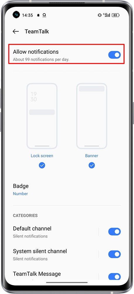 Allow notification in manage notifications 