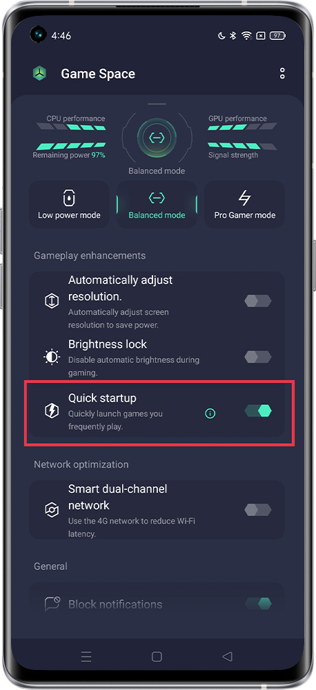 Quick startup in game space 