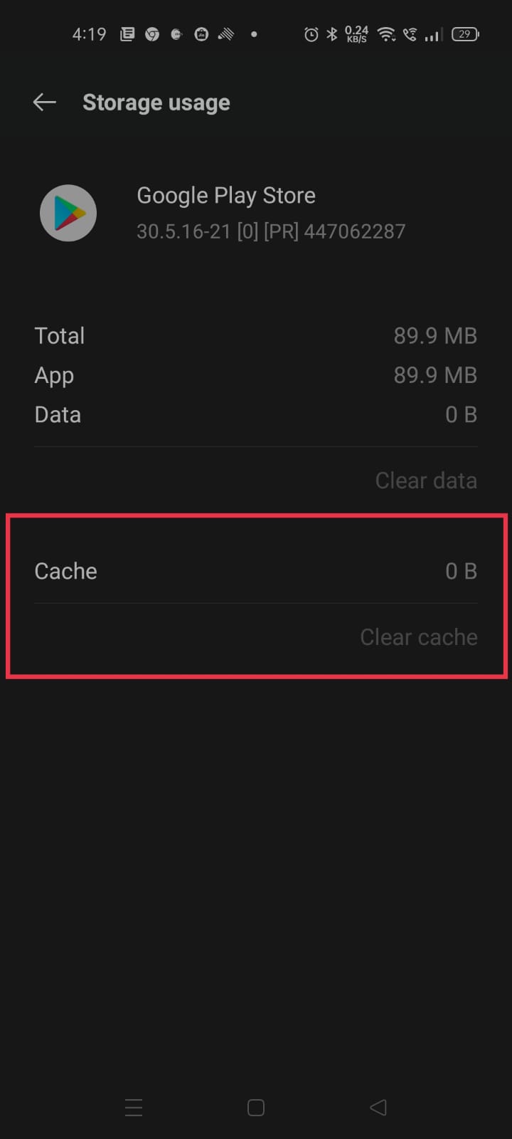 cache clear in Google Play store 